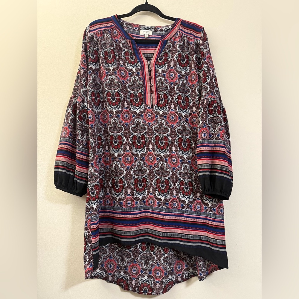 UMGEE Boho Mixed Floral Print Tunic Dress‎ in Red and Black Multicolor - S